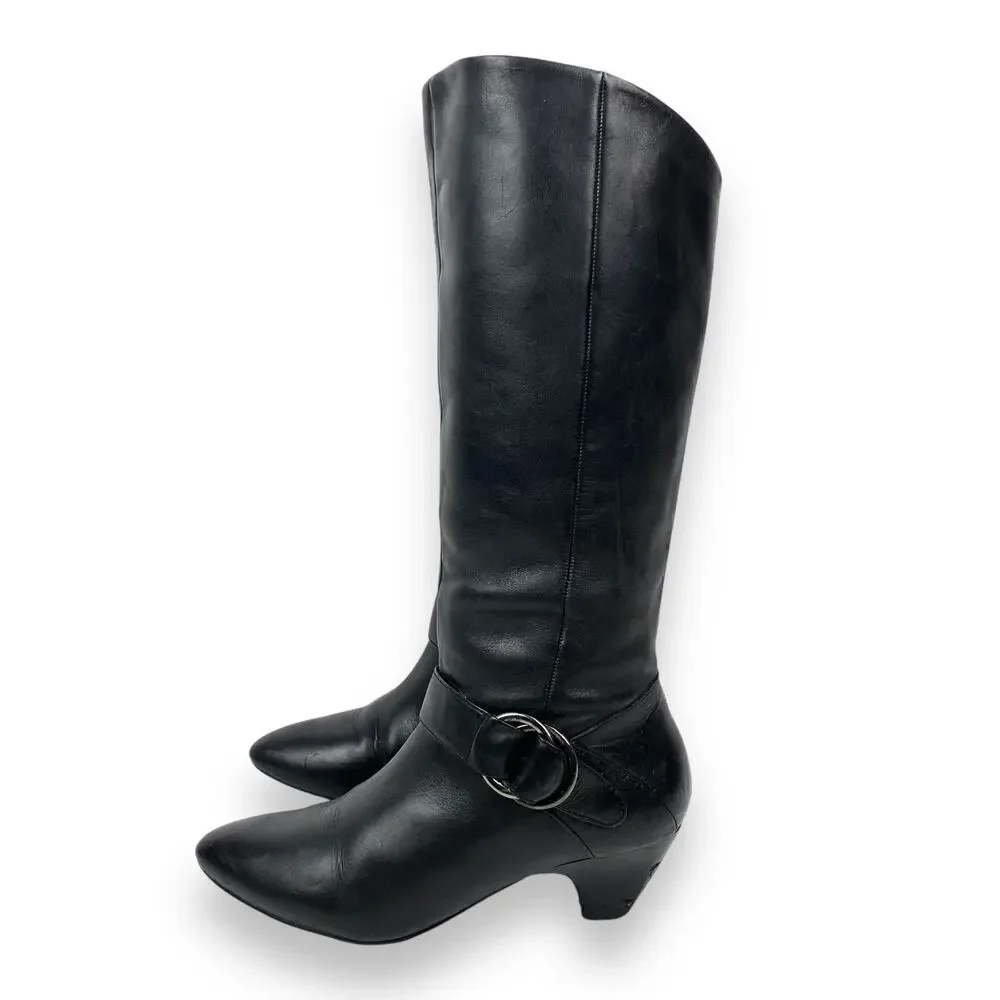 2000's MARC FISHER tall black leather boots with silver ring and low heels - Picture 2 of 12